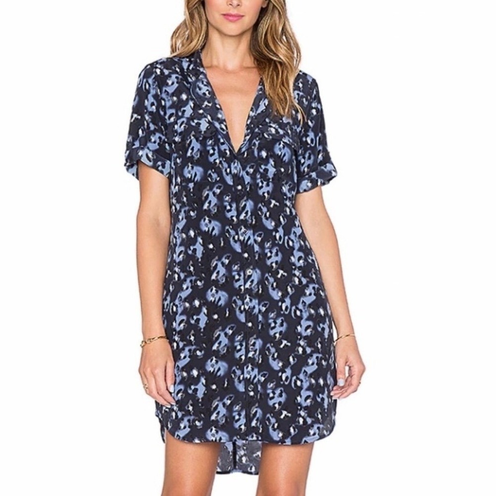 Equipment Femme Blue Silk Leopard Print Short Sleeve Button Down Shirt Dress M